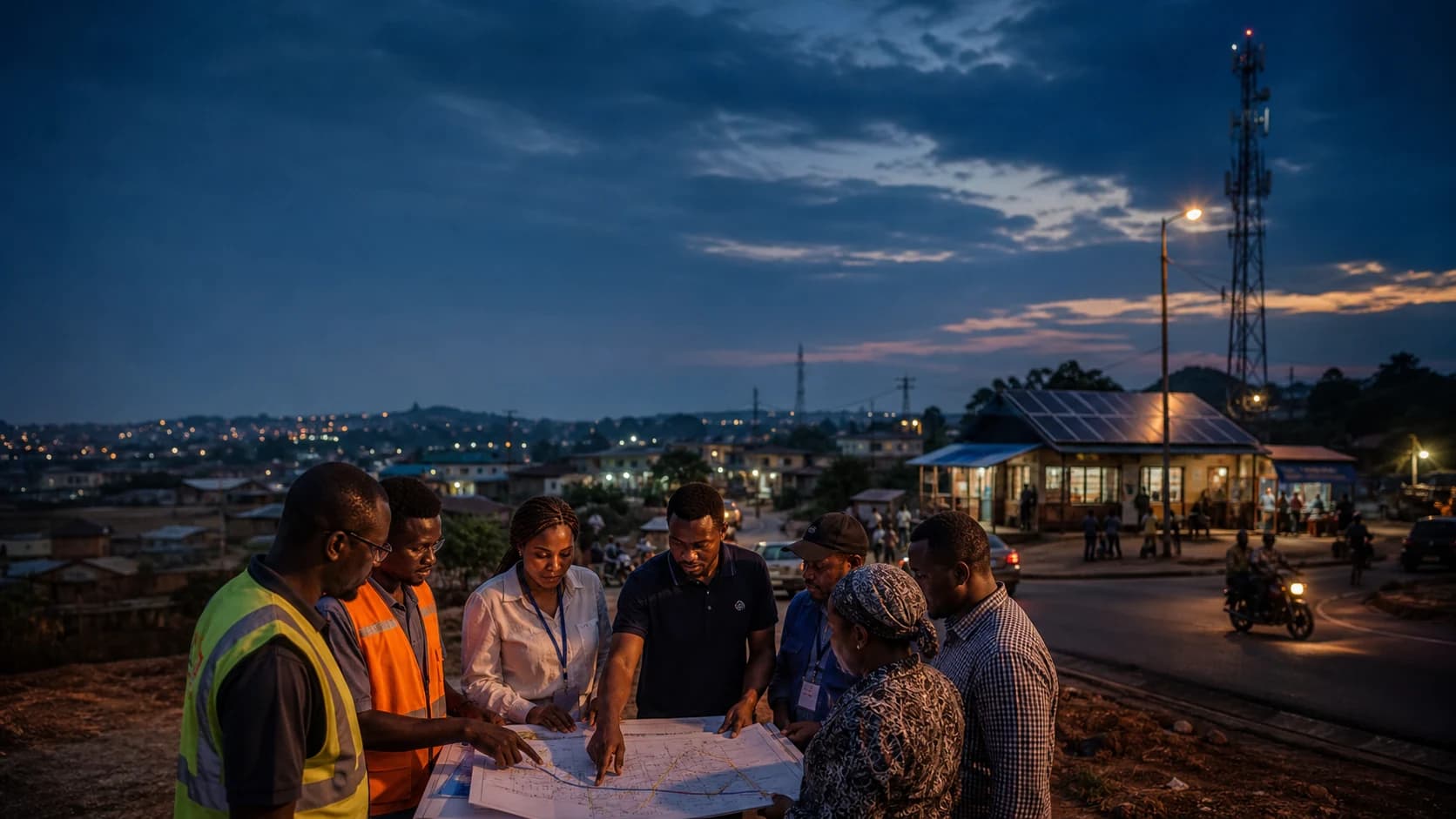 A Cameroonian team reviewing plans beside a connectivity site at dusk