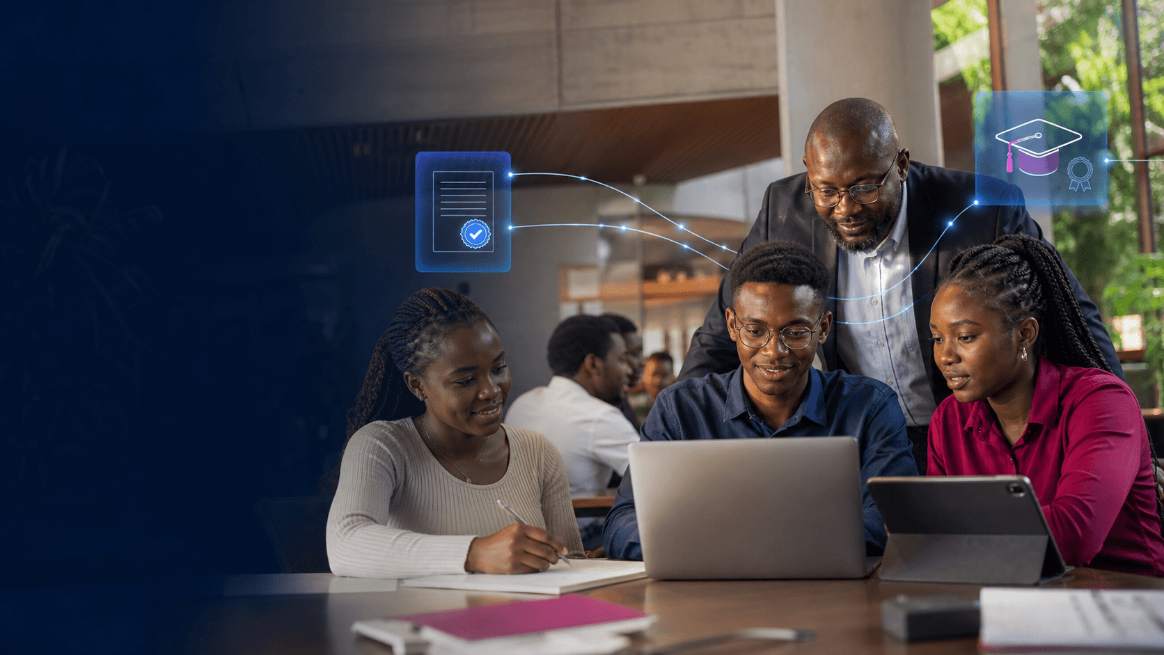 Ivorian university students and an academic administrator reviewing a digital academic record with subtle provenance connections