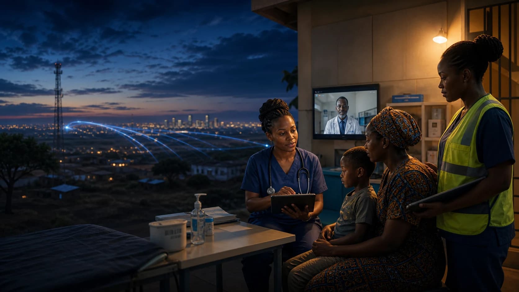 African clinician supporting a mother and child with connected care infrastructure