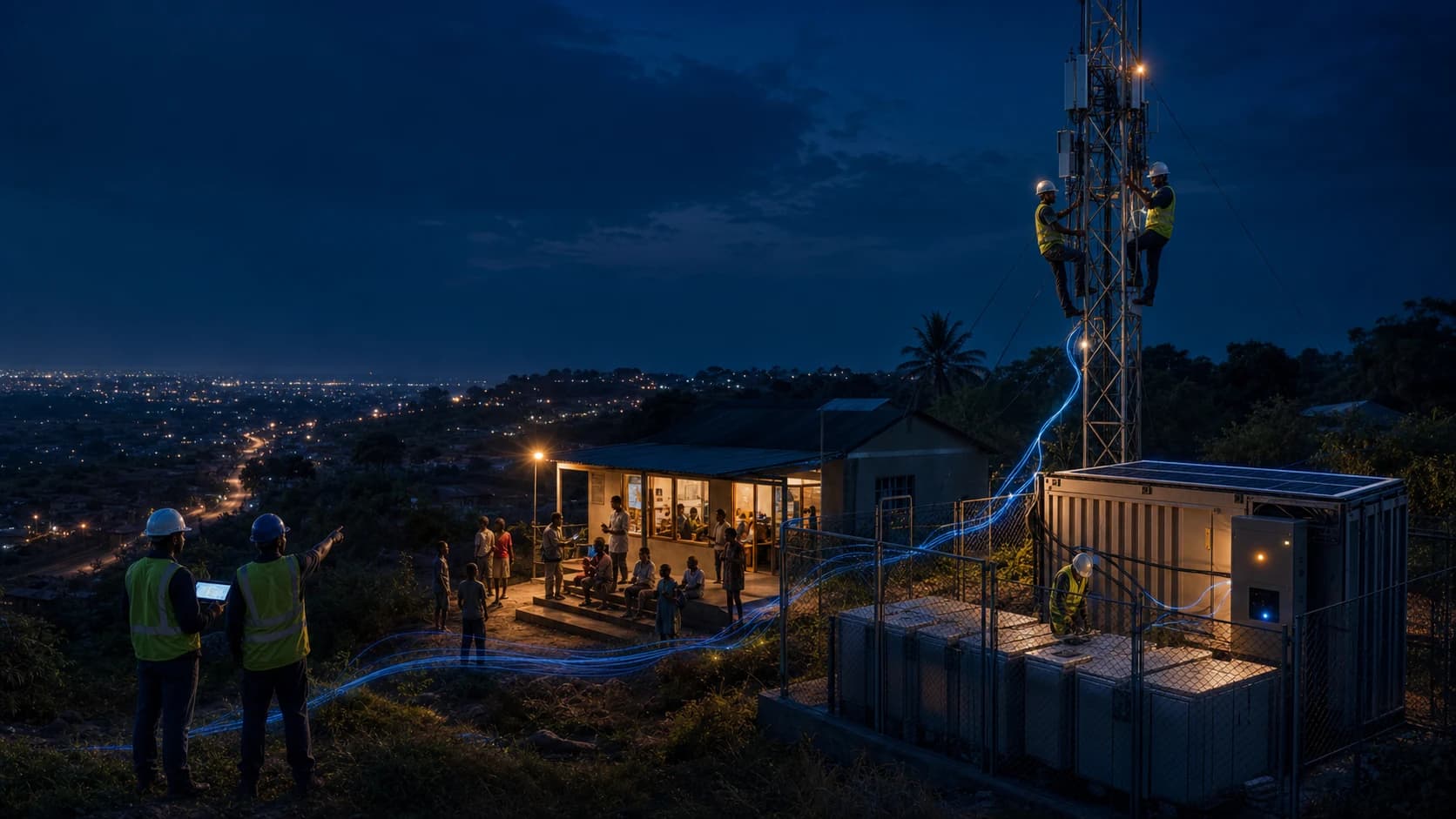 Community-scale connectivity and solar infrastructure operating together at dusk